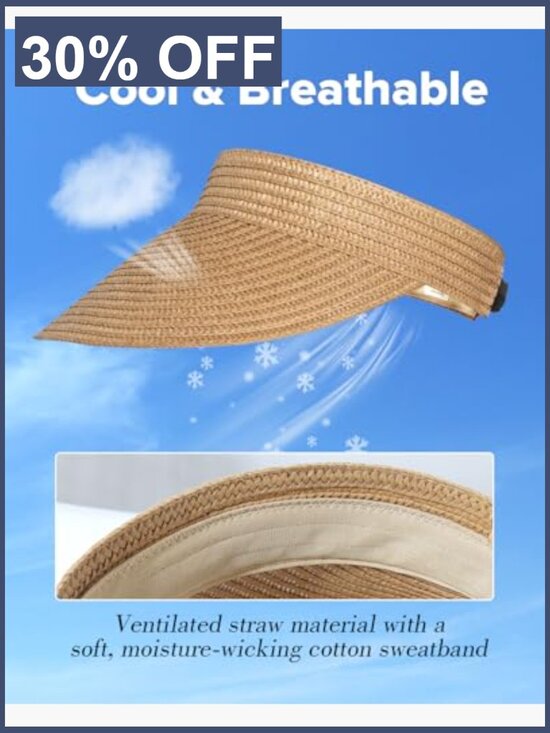 Wide Brim UPF50+ Straw Sun Visor Hat for Women, Packable Foldable Summer main image 5